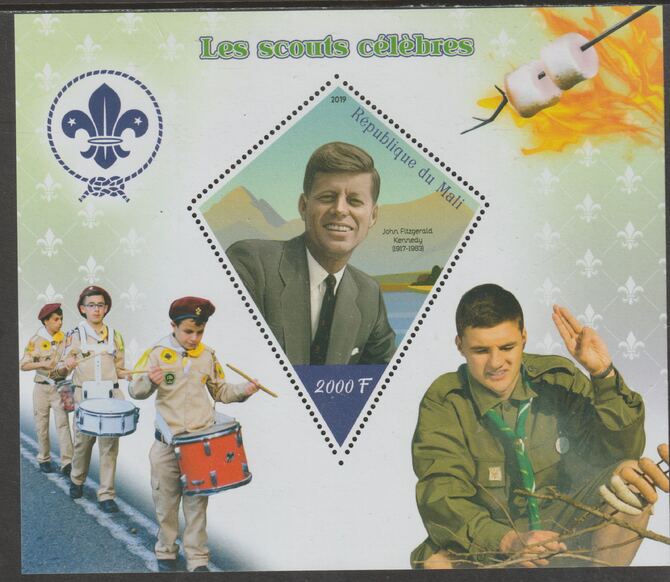 Mali 2019 Celebrity Scouts perf deluxe sheet containing one diamond shaped value unmounted mint, stamps on shaped, stamps on personalities, stamps on kennedy, stamps on us presidents, stamps on scouts