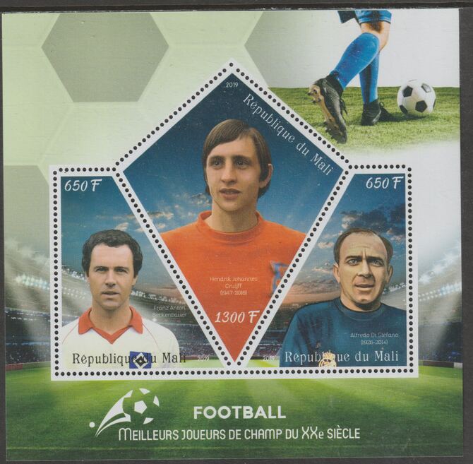 Mali 2019 Football Champions #1 perf sheet containing three shaped values unmounted mint, stamps on shaped, stamps on personalities, stamps on football
