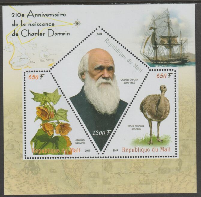 Mali 2019 Charles Darwin 210th Birth Anniversary perf sheet containing three shaped values unmounted mint, stamps on , stamps on  stamps on shaped, stamps on  stamps on personalities, stamps on  stamps on darwin, stamps on  stamps on ships, stamps on  stamps on birds, stamps on  stamps on flowers
