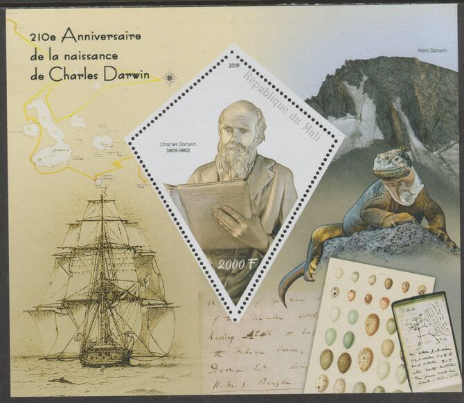 Mali 2019 Charles Darwin 210th Birth Anniversary perf deluxe sheet containing one diamond shaped value unmounted mint, stamps on shaped, stamps on personalities, stamps on darwin, stamps on ships, stamps on birds, stamps on reptiles