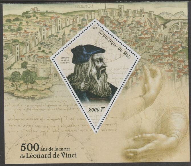 Mali 2019 Leonardo da Vinci 500th Death Anniversary perf deluxe sheet containing one diamond shaped value unmounted mint, stamps on shaped, stamps on personalities, stamps on leonardo da vinci, stamps on 