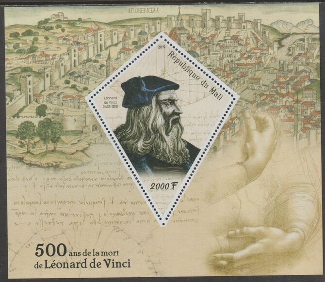 Mali 2019 Leonardo da Vinci 500th Death Anniversary perf deluxe sheet containing one diamond shaped value unmounted mint, stamps on , stamps on  stamps on shaped, stamps on  stamps on personalities, stamps on  stamps on leonardo da vinci, stamps on  stamps on 