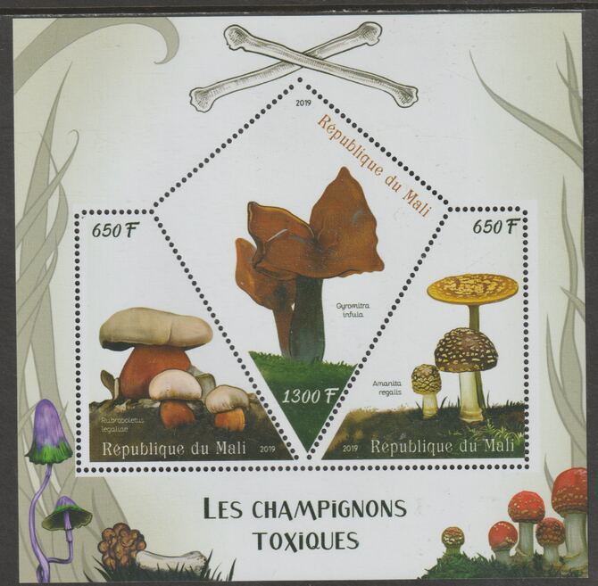 Mali 2019 Poisonous Mushrooms  perf sheet containing three shaped values unmounted mint, stamps on , stamps on  stamps on shaped, stamps on  stamps on fungi