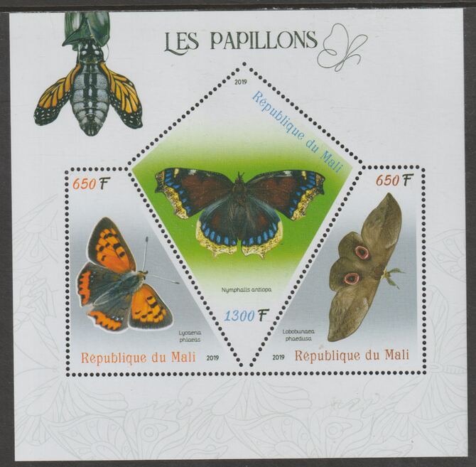 Mali 2019 Butterflies perf sheet containing three shaped values unmounted mint, stamps on , stamps on  stamps on shaped, stamps on  stamps on butterflies, stamps on  stamps on insects