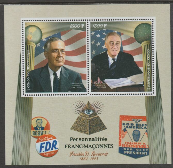 Congo 2019 Freemasons - F D Roosevelt perf sheet containing two values unmounted mint, stamps on personalitiesmasons, stamps on masonics, stamps on roosevelt, stamps on us presidents