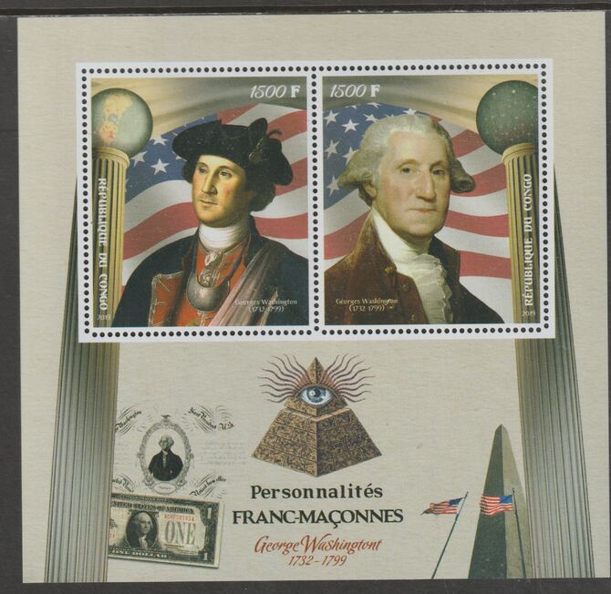 Congo 2019 Freemasons - George Washington perf sheet containing two values unmounted mint, stamps on personalitiesmasons, stamps on masonics, stamps on washington, stamps on us presidents