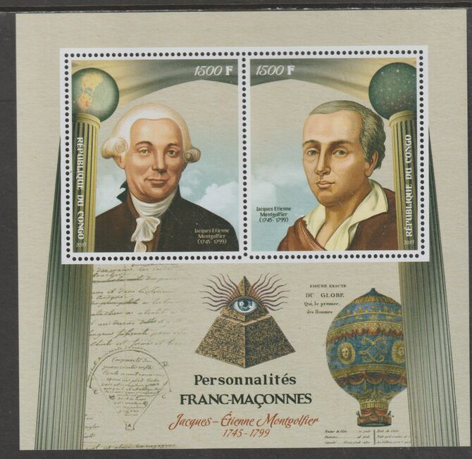 Congo 2019 Freemasons - Jacques Montgolfier perf sheet containing two values unmounted mint, stamps on personalitiesmasons, stamps on masonics, stamps on montgolfier, stamps on aviation, stamps on balloons