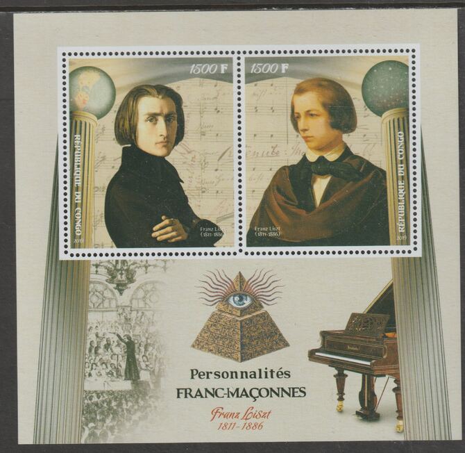 Congo 2019 Freemasons - Franz Liszt perf sheet containing two values unmounted mint, stamps on , stamps on  stamps on personalitiesmasons, stamps on  stamps on masonics, stamps on  stamps on music, stamps on  stamps on composers, stamps on  stamps on liszt