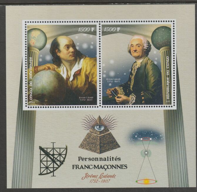 Congo 2019 Freemasons - Jerome Lalande perf sheet containing two values unmounted mint, stamps on , stamps on  stamps on personalitiesmasons, stamps on  stamps on masonics, stamps on  stamps on lalande, stamps on  stamps on space, stamps on  stamps on astronomy