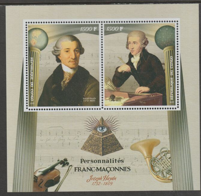 Congo 2019 Freemasons - Joseph Haydn perf sheet containing two values unmounted mint, stamps on personalitiesmasons, stamps on masonics, stamps on music, stamps on composers, stamps on haydn