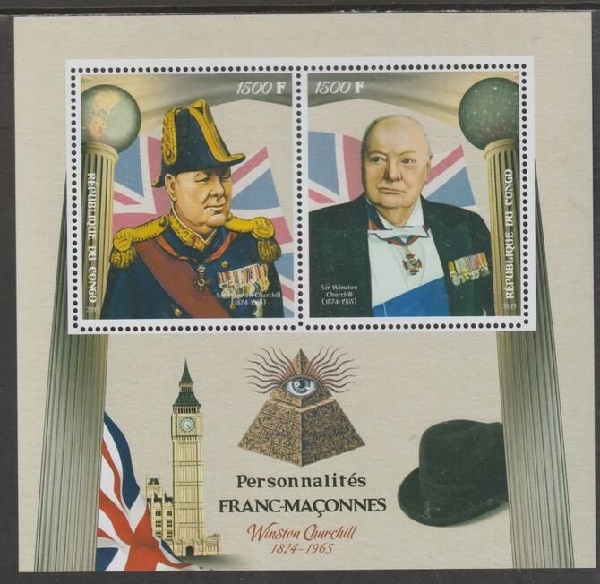 Congo 2019 Freemasons - Winston Churchill perf sheet containing two values unmounted mint, stamps on , stamps on  stamps on personalitiesmasons, stamps on  stamps on masonics, stamps on  stamps on churchill, stamps on  stamps on constitutions, stamps on  stamps on  ww2 , stamps on  stamps on london