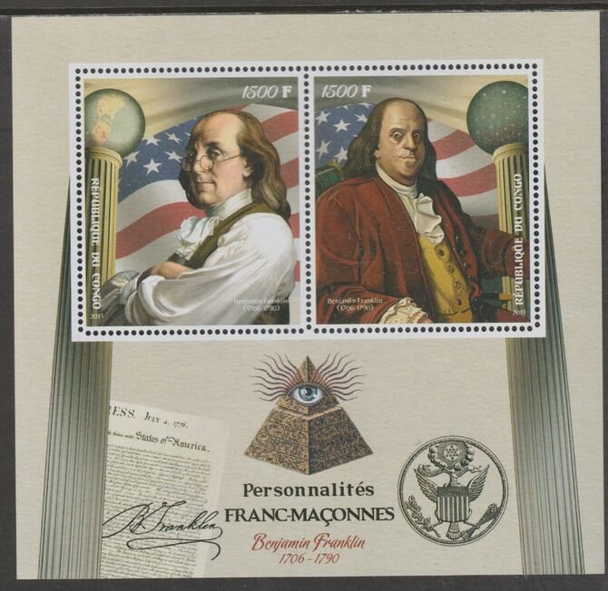 Congo 2019 Freemasons - Benjamin Franklin perf sheet containing two values unmounted mint, stamps on , stamps on  stamps on personalitiesmasons, stamps on  stamps on masonics, stamps on  stamps on franklin, stamps on  stamps on us presidents