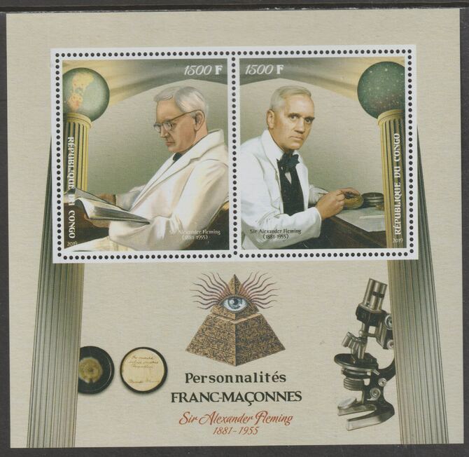 Congo 2019 Freemasons - Alexander Fleming perf sheet containing two values unmounted mint, stamps on personalitiesmasons, stamps on masonics, stamps on fleming, stamps on physics, stamps on nobel, stamps on medical, stamps on microscopes