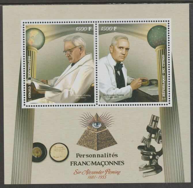 Congo 2019 Freemasons - Alexander Fleming perf sheet containing two values unmounted mint, stamps on , stamps on  stamps on personalitiesmasons, stamps on  stamps on masonics, stamps on  stamps on fleming, stamps on  stamps on physics, stamps on  stamps on nobel, stamps on  stamps on medical, stamps on  stamps on microscopes