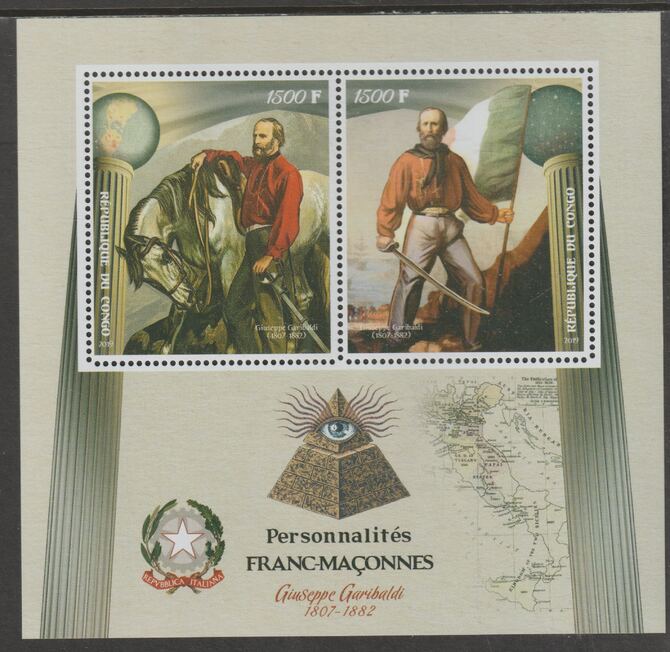 Congo 2019 Freemasons - Garibaldi perf sheet containing two values unmounted mint, stamps on personalitiesmasons, stamps on masonics, stamps on constitutions