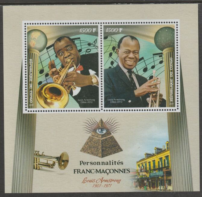 Congo 2019 Freemasons - Louis Armstrong perf sheet containing two values unmounted mint, stamps on , stamps on  stamps on personalitiesmasons, stamps on  stamps on masonics, stamps on  stamps on music, stamps on  stamps on jazz, stamps on  stamps on armstrong