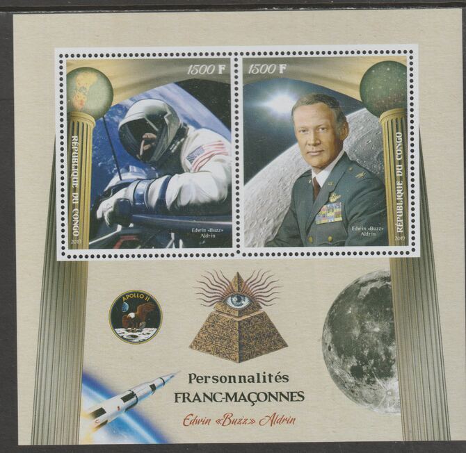 Congo 2019 Freemasons - Buzz Aldrin perf sheet containing two values unmounted mint, stamps on personalitiesmasons, stamps on masonics, stamps on space, stamps on aldrin, stamps on rockets