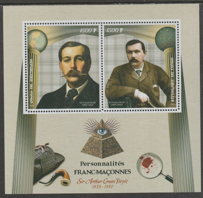 Congo 2019 Freemasons - Arthur Conan Doyle perf sheet containing two values unmounted mint, stamps on , stamps on  stamps on personalitiesmasons, stamps on  stamps on masonics, stamps on  stamps on doyle, stamps on  stamps on literature