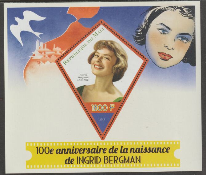 Mali 2015 Birth Centenary of Ingrid Bergman perf deluxe sheet containing one diamond shaped value unmounted mint, stamps on , stamps on  stamps on shaped, stamps on  stamps on personalities, stamps on  stamps on bergman, stamps on  stamps on films, stamps on  stamps on cinema, stamps on  stamps on movies