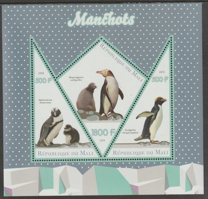 Mali 2015 Penguins perf sheet containing three shaped values unmounted mint, stamps on shaped, stamps on penguins, stamps on birds, stamps on 