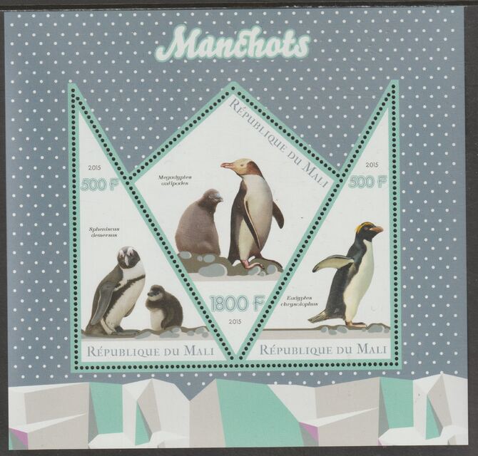 Mali 2015 Penguins perf sheet containing three shaped values unmounted mint, stamps on , stamps on  stamps on shaped, stamps on  stamps on penguins, stamps on  stamps on birds, stamps on  stamps on 