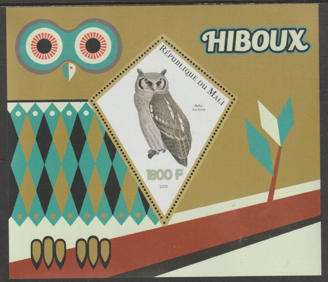 Mali 2015 Owls perf deluxe sheet containing one diamond shaped value unmounted mint, stamps on shaped, stamps on owls, stamps on birds, stamps on birds of prey