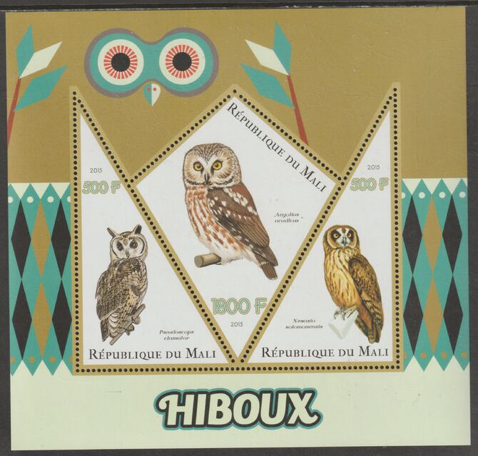 Mali 2015 Owls perf sheet containing three shaped values unmounted mint, stamps on , stamps on  stamps on shaped, stamps on  stamps on owls, stamps on  stamps on birds, stamps on  stamps on birds of prey