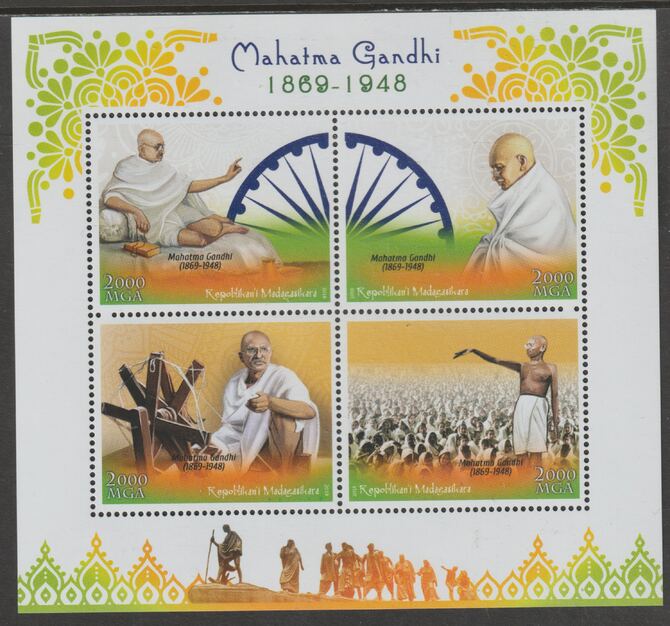 Madagascar 2018 Mahatma Gandhi perf sheet containing 4 values unmounted mint, stamps on , stamps on  stamps on personalities, stamps on  stamps on gandhi