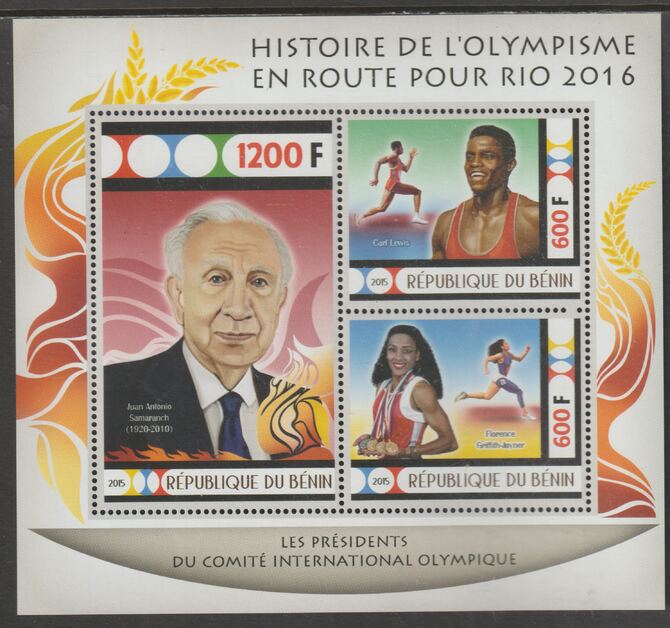 Benin 2015 Rio Olympics - History #4 perf sheet containing three values unmounted mint, stamps on , stamps on  stamps on olympics, stamps on  stamps on athletics, stamps on  stamps on 
