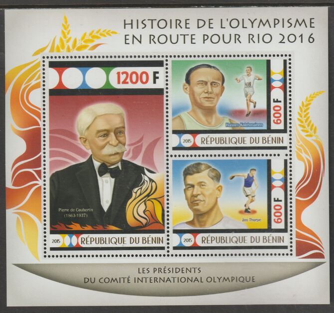 Benin 2015 Rio Olympics - History #5 perf sheet containing three values unmounted mint, stamps on , stamps on  stamps on olympics, stamps on  stamps on athletics, stamps on  stamps on discus