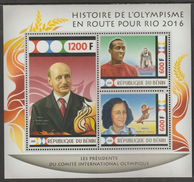 Benin 2015 Rio Olympics - History #8 perf sheet containing three values unmounted mint, stamps on olympics, stamps on high jump, stamps on athletics