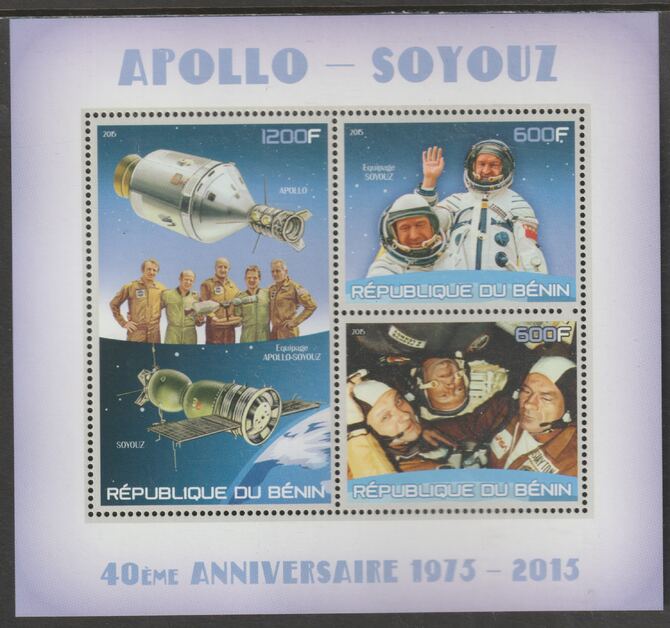 Benin 2015 Apollo - Soyuz 40th Anniversary perf sheet containing three values unmounted mint, stamps on space, stamps on apollo, stamps on soyuz