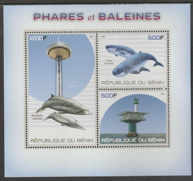 Benin 2015 Lighthouses & Whales perf sheet containing three values unmounted mint, stamps on lighthouses, stamps on whales