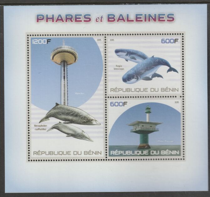 Benin 2015 Lighthouses & Whales perf sheet containing three values unmounted mint, stamps on , stamps on  stamps on lighthouses, stamps on  stamps on whales