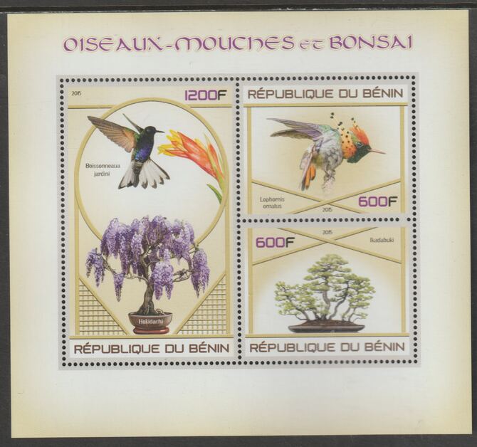 Benin 2015 Humming Birds & Bonsai perf sheet containing three values unmounted mint, stamps on birds, stamps on hummingbirds, stamps on bonsai, stamps on plants