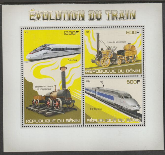 Benin 2015 Evolution of the Train perf sheet containing three values unmounted mint, stamps on , stamps on  stamps on railways