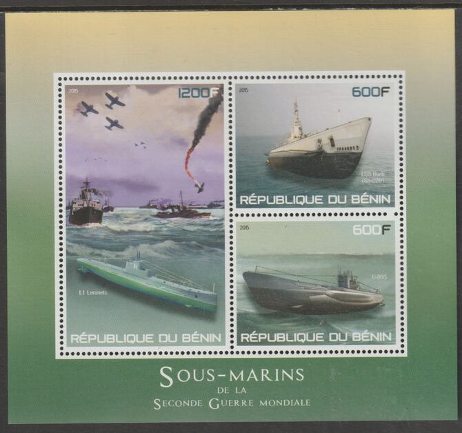 Benin 2015 Submarines perf sheet containing three values unmounted mint, stamps on , stamps on  stamps on ships, stamps on  stamps on submarines, stamps on  stamps on aviation