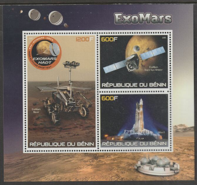 Benin 2015 Space - ExoMars Mission perf sheet containing three values unmounted mint, stamps on , stamps on  stamps on space, stamps on  stamps on exomars