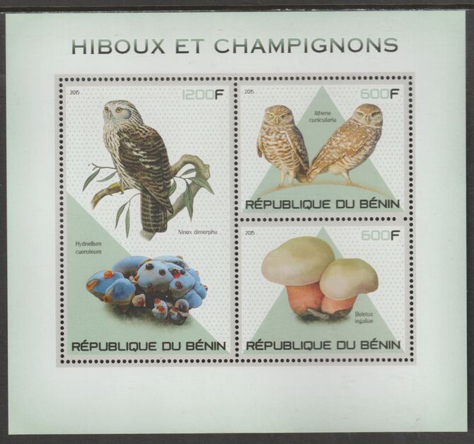 Benin 2015 Owls & Fungi perf sheet containing three values unmounted mint, stamps on , stamps on  stamps on birds, stamps on  stamps on birds of prey, stamps on  stamps on owls, stamps on  stamps on fungi