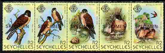 Seychelles 1980 Birds 2nd Issue - Kestrel perf strip of 5 each overprinted SPECIMEN unmounted mint SG 463s-67s, stamps on , stamps on  stamps on birds, stamps on  stamps on birds of prey, stamps on  stamps on kestrel