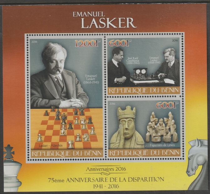 Benin 2016 Emanuel Lasker - Chess perf sheet containing three values unmounted mint, stamps on , stamps on  stamps on personalities, stamps on  stamps on chess