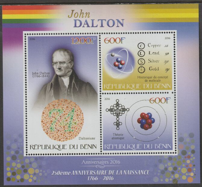 Benin 2016 John Dalton - Atomics perf sheet containing three values unmounted mint, stamps on personalities, stamps on atomics