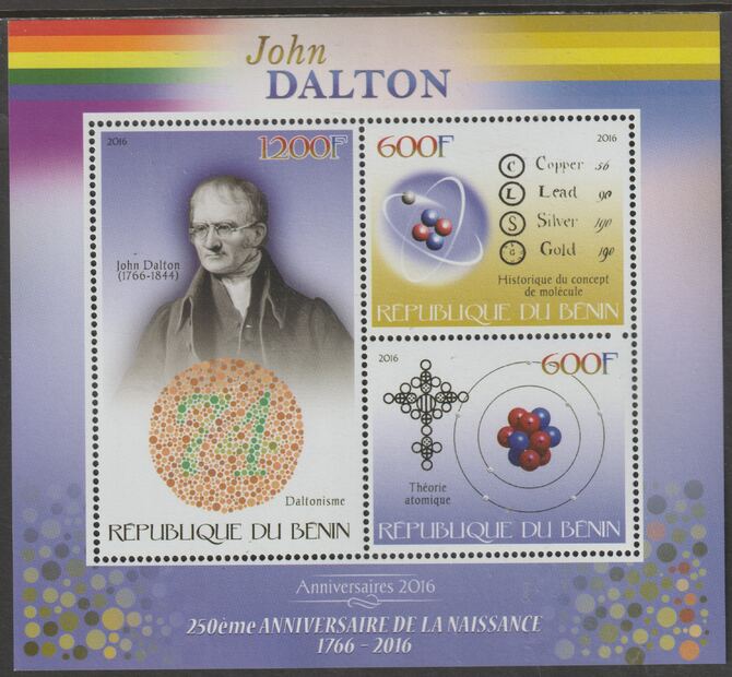 Benin 2016 John Dalton - Atomics perf sheet containing three values unmounted mint, stamps on , stamps on  stamps on personalities, stamps on  stamps on atomics