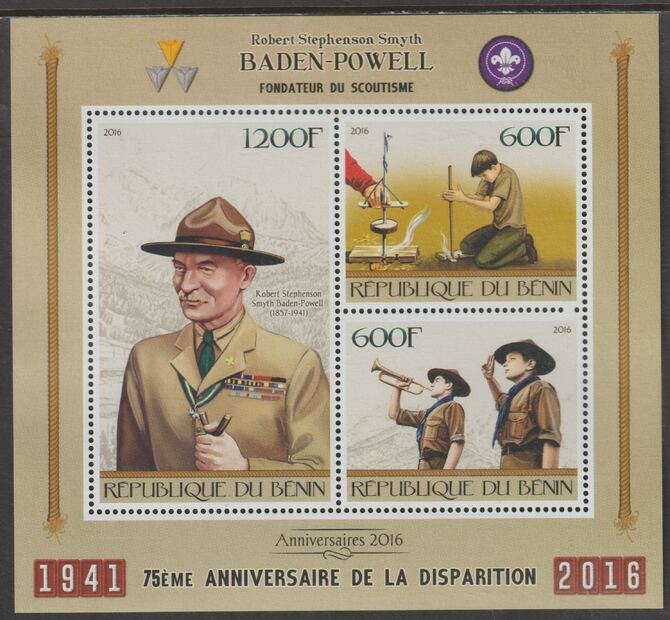 Benin 2016 Baden Powell - Scouts perf sheet containing three values unmounted mint, stamps on personalities, stamps on powell, stamps on scouts
