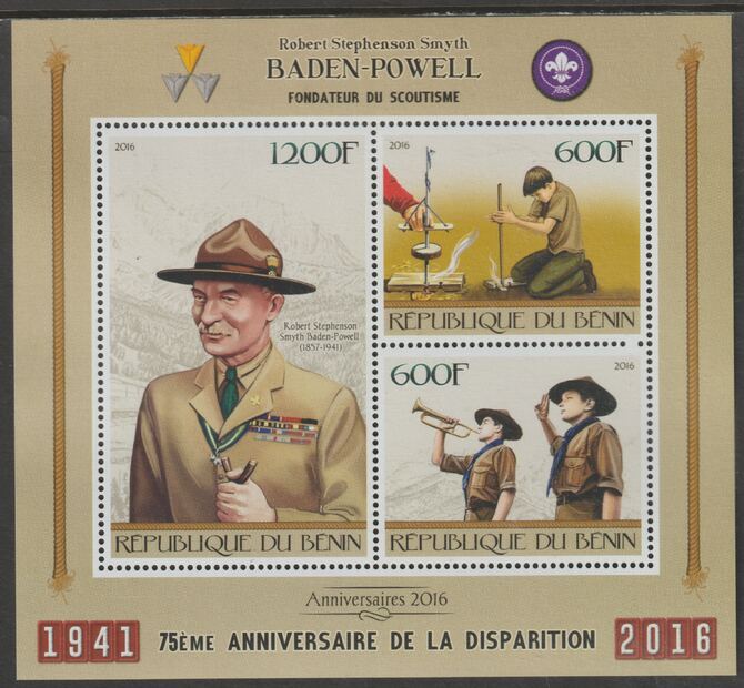 Benin 2016 Baden Powell - Scouts perf sheet containing three values unmounted mint, stamps on , stamps on  stamps on personalities, stamps on  stamps on powell, stamps on  stamps on scouts