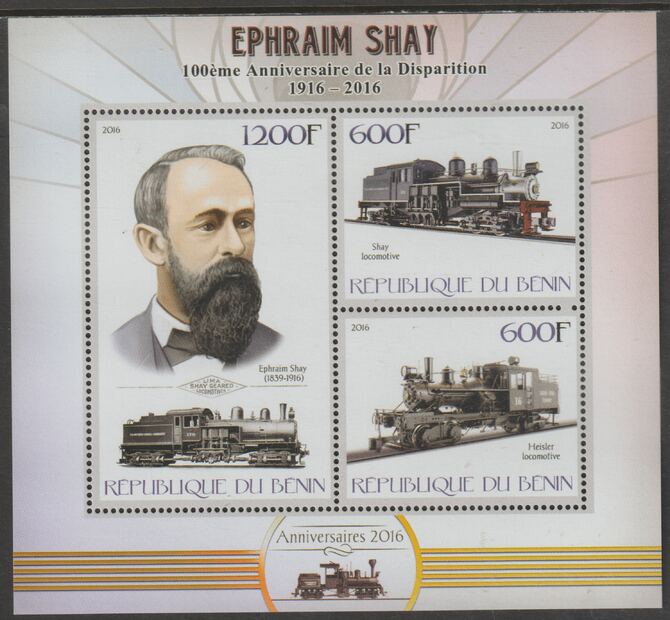 Benin 2016 Ephraim Shay - Locomotives perf sheet containing three values unmounted mint, stamps on , stamps on  stamps on personalities, stamps on  stamps on railways