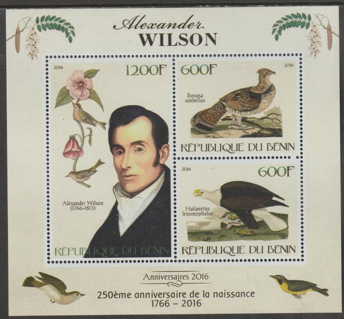 Benin 2016 Alexander Wilson - Birds perf sheet containing three values unmounted mint, stamps on , stamps on  stamps on personalities, stamps on  stamps on birds