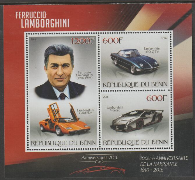 Benin 2016 Ferruccio Lamborghini - Cars perf sheet containing three values unmounted mint, stamps on , stamps on  stamps on personalities, stamps on  stamps on lamborghini, stamps on  stamps on cars