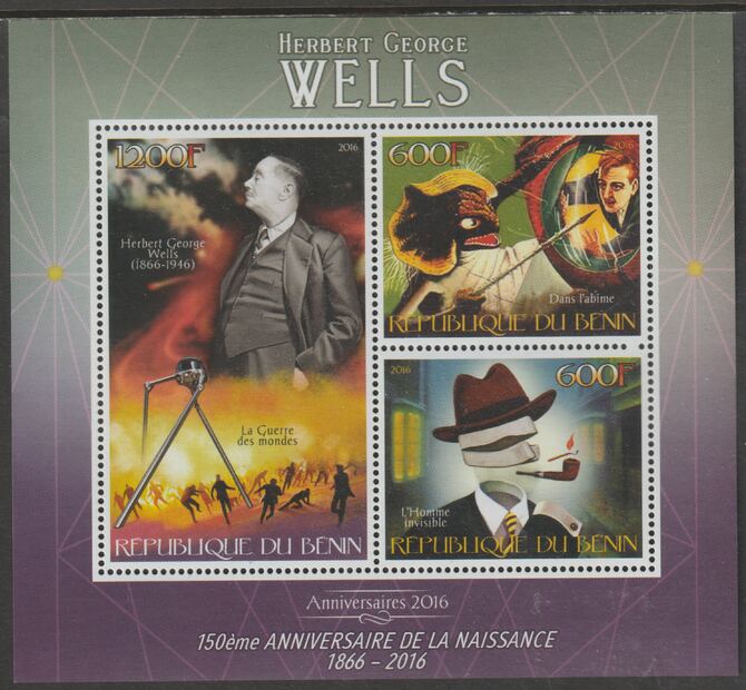 Benin 2016 H G Wells perf sheet containing three values unmounted mint, stamps on personalities, stamps on wells, stamps on literature