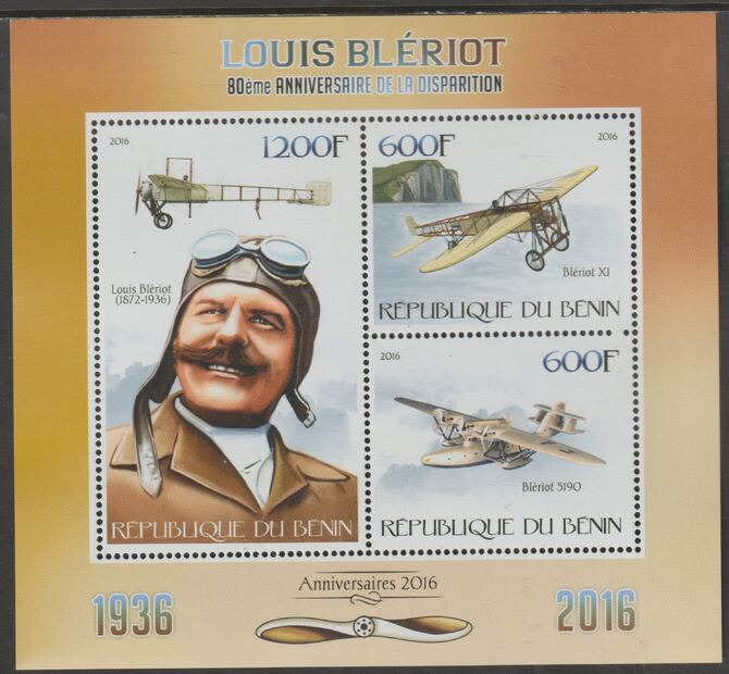 Benin 2016 Louis Bleriot - Aviator perf sheet containing three values unmounted mint, stamps on , stamps on  stamps on personalities, stamps on  stamps on bleriot, stamps on  stamps on aviation